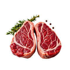 Obraz premium Fresh Raw Ribeye Steaks with Intricate Marbling on White Background, Surrounded by Green Rosemary Herbs