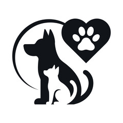 Elegant Pet Care Logo Design Featuring a Dog Cat Heart with Paw Print and Circular Element in a Minimalist Black and White Style