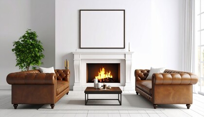 Cozy living room with brown leather sofas fireplace and blank frame
