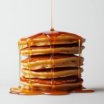 A Stack of Delicious Pancakes Drenched in Golden Syrup: A Tempting Breakfast Treat for a Sweet and Indulgent Morning