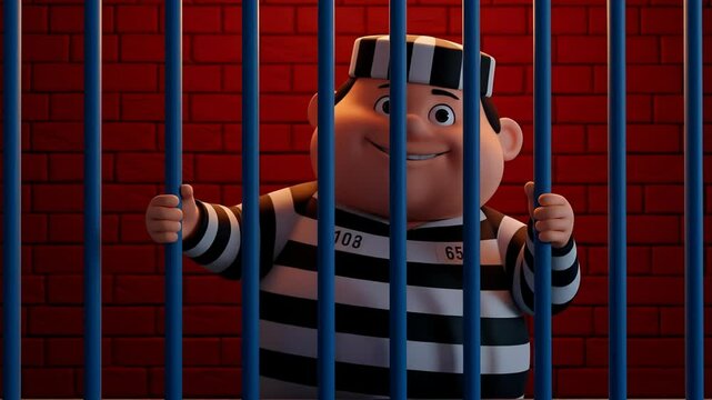 Cartoon Prisoner Behind Bars: Animated Justice Concept