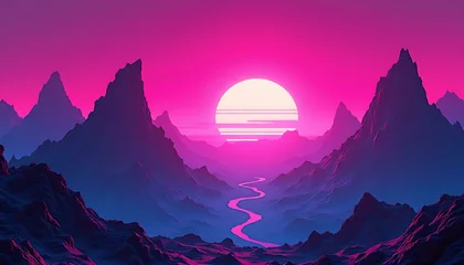 Selbstklebende Fototapeten Retro mountain landscape with sun and river synthwave style digital art illustration © Mujhid_Muneer