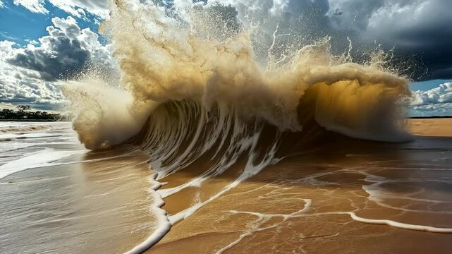 Powerful wave crashing on sandy shore