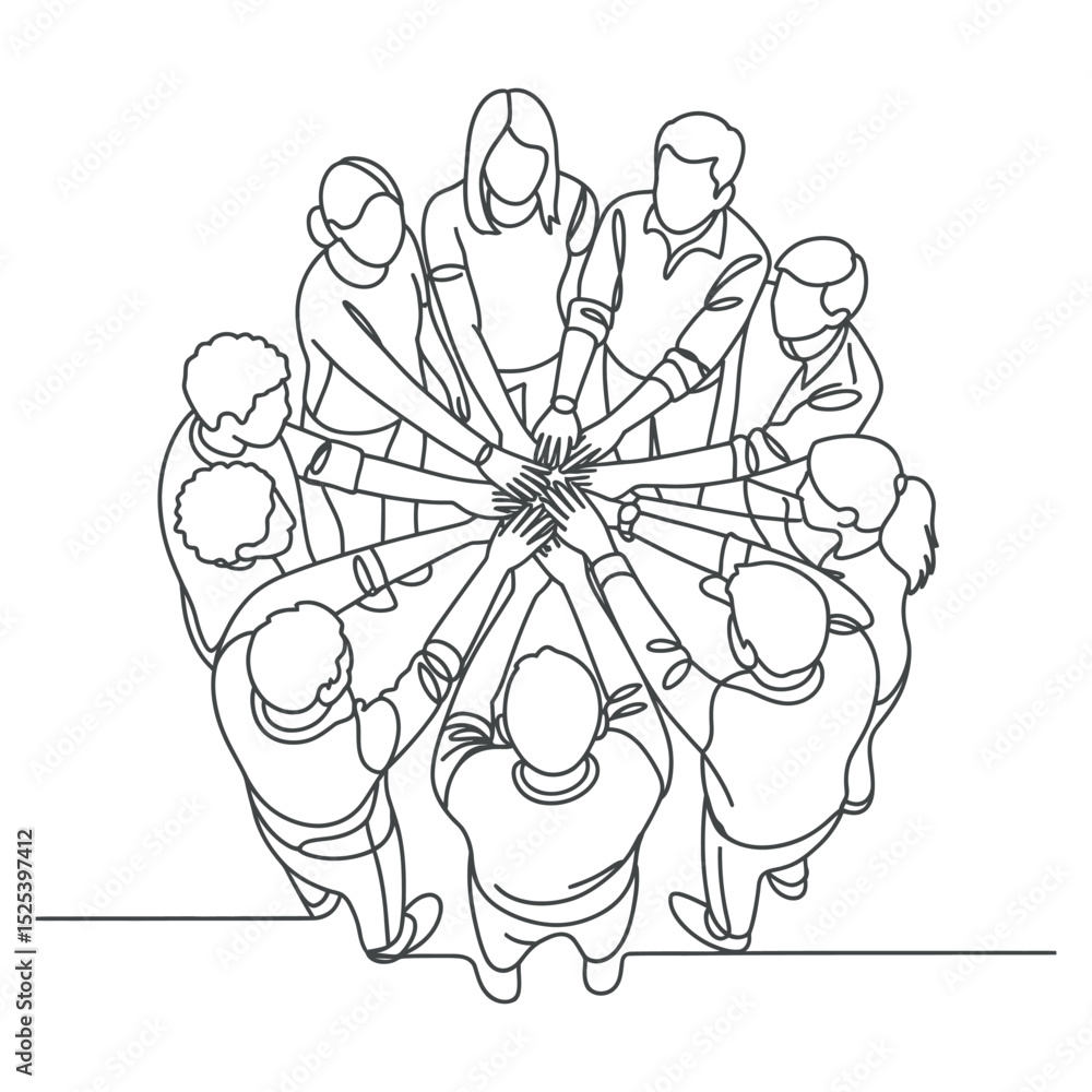Poster continuous line drawing of diverse group joining hands in unity and teamwork symbolizing collaborati