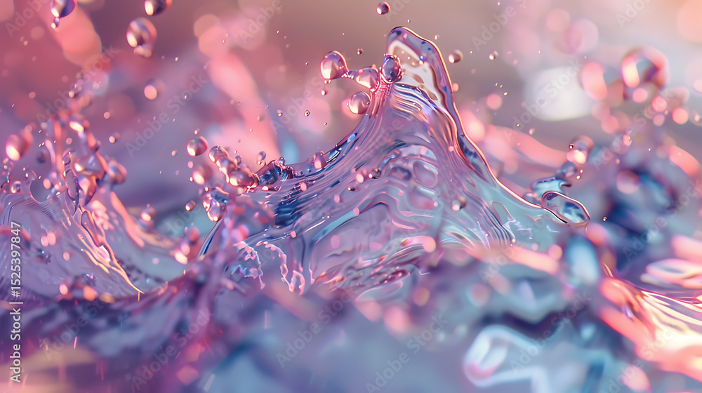 Poster a mesmerizing splash of water with droplets suspended in midair, illuminated by soft pink and blue h