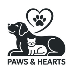 Monochrome Logo Design Featuring a Dog Cat Paw Print in a Heart and the Text Paws Hearts Symbolizing Animal Love and Care black