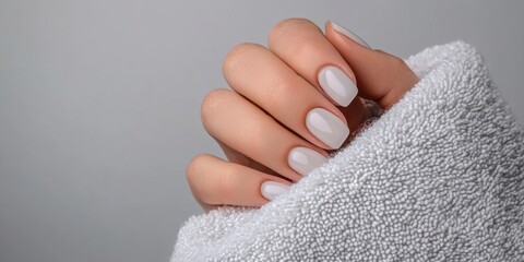 beautiful nail natural A close-up of a hand with manicured nails wrapped in a soft towel.
