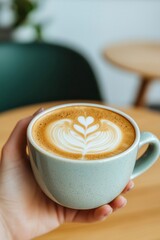 beautiful nail natural A beautifully crafted coffee with latte art served in a hand-held cup on a cozy table.
