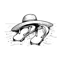 Beach scene with straw hat and flip-flops sketched for summer vacation illustrations