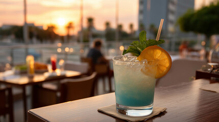 Close-up of a fancy cocktail at the rooftop bar with sunset in the background.