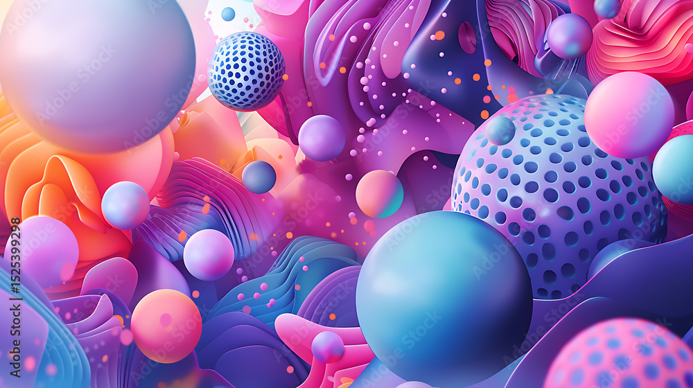 Leinwandbilder A vibrant and abstract 3d render featuring colorful spheres and layered shapes creating a modern and decorative background with smooth textures and iridescent gradients
