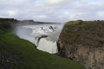 panoramic view of the two tiered Gullfoss waterfall in Iceland