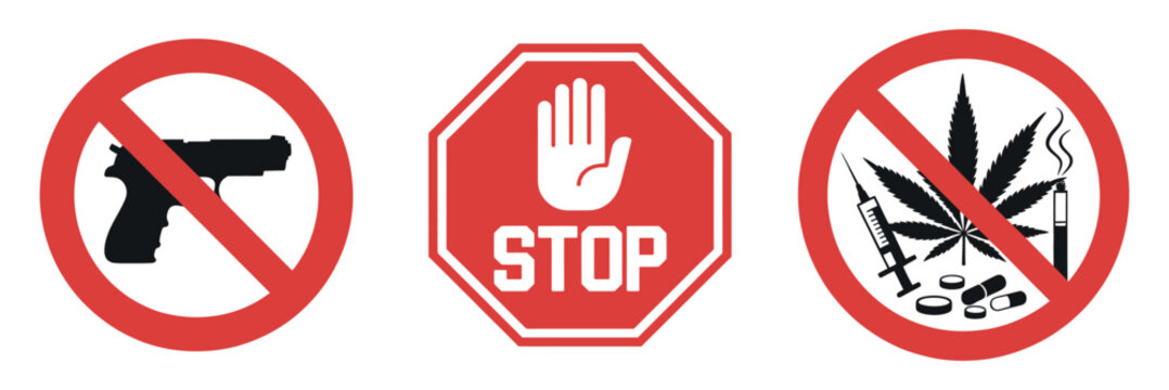 A visual representation of prohibitions featuring a crossed out gun a stop sign and a crossed out assortment of drugs and drug paraphernalia