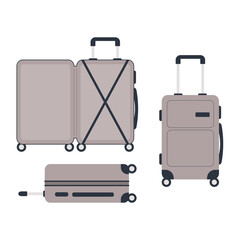 A set of beige suitcases from different sides. Family travel suitcases, hand luggage and checked baggage.