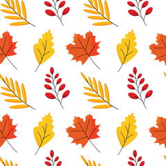 Fototapeta premium Seamless pattern of autumn foliage, bright maple leaves in orange, yellow and red tones and clusters of red berries for fabric or wallpaper decoration.