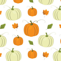 The seamless pattern orange and white pumpkins, various types of leaves in green and orange tones on a white background.