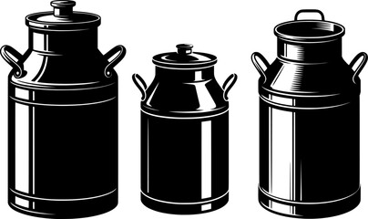 Silhouette of vintage milk cans with side handles and lids in black vector style ideal for dairy farming concepts, rustic kitchen decor, agricultural icons, and retro countryside illustrations