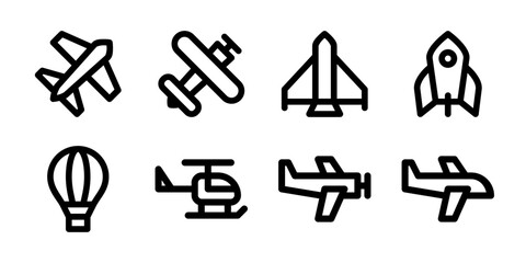 Air Transportation Icon Set, representing various modes of air travel including planes, helicopters, rockets, and hot air balloons.