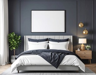 Elegant bedroom interior with gray walls gold pendant lights and a blank framed print