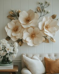 Cream-colored paper flowers adorn a wall, complemented by a cream couch and a muted, earthy-toned accent