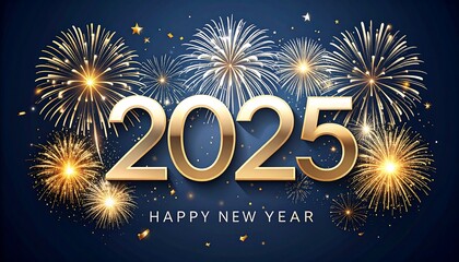 Golden "2025" sign surrounded by shimmering fireworks celebrates the beginning of a New Year.