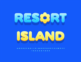 Vector Travel flyer Resort Island with Creative Sun. Blue Round Font. Classic Uppercase Alphabet Letters and Numbers set.