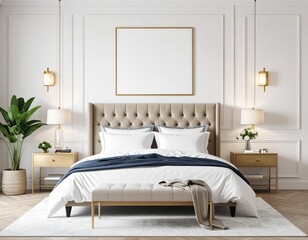 Elegant bedroom with tufted headboard gold accents and blank art canvas