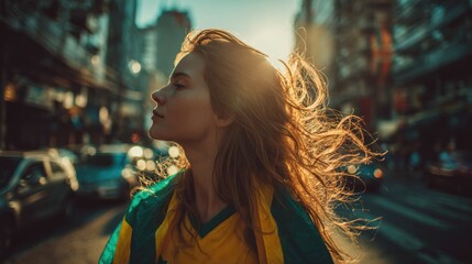 Fototapeta premium Young woman wrapped in Brazilian flag walking through sunlit city street during Independence Day, evoking national pride, freedom and celebration spirit