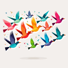 Fototapeta premium Colorful Birds in Flight Illustration - Abstract Bird Art - Graphic Design with Vibrant Bird Silhouettes for Wall Art Decor - Nature Inspired Digital Art
