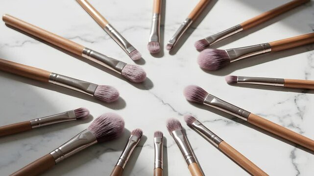 Arrangement of makeup brushes on a white marble surface top 4k video
