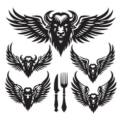 Winged Bull Head and Cutlery Silhouettes Set
