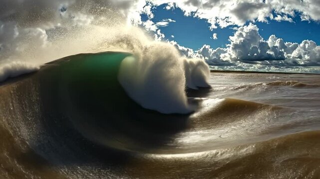 Powerful wave crashing in a river
