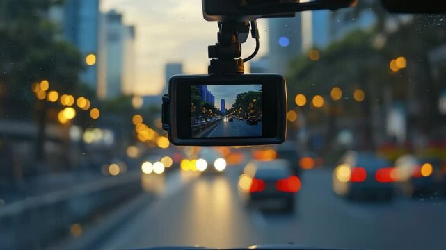 A dashboard camera records urban traffic at dusk, capturing city lights and moving cars in a busy street scene.
