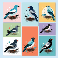 Fototapeta premium Cute Bird Illustration Art Prints on Colorful Backgrounds - Modern Bird Nest Art for Home Decor- Bird Illustrations with Unique Color Palettes