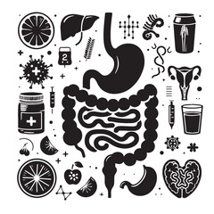  Human Digestive System and Wellness Icons Set