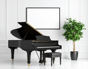 Elegant black grand piano with open lid in a bright modern room with a ficus tree