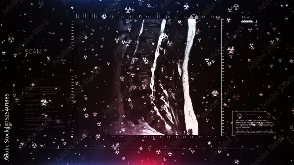 Aufkleber spine mri scan with biohazard symbols and code overlay in a futuristic interface