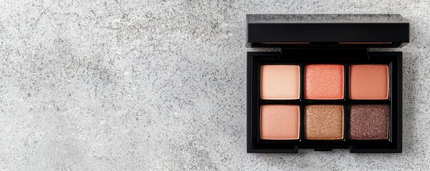 eyeshadow palette A stylish eyeshadow palette with six shimmering shades on a textured background.