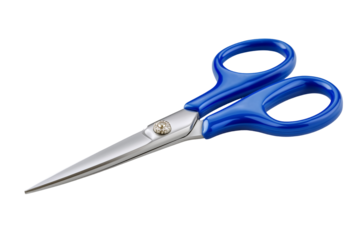 Blue handled scissors sharp blades cutting tool isolated