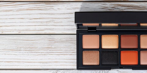 eyeshadow palette A makeup palette with various shimmering shades on a rustic wooden surface.