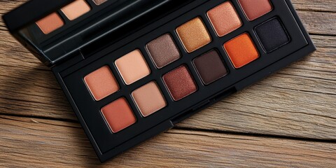 eyeshadow palette Makeup palette with neutral shades on a wooden surface.