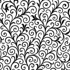 Intricate floral pattern, black and white, swirling vines