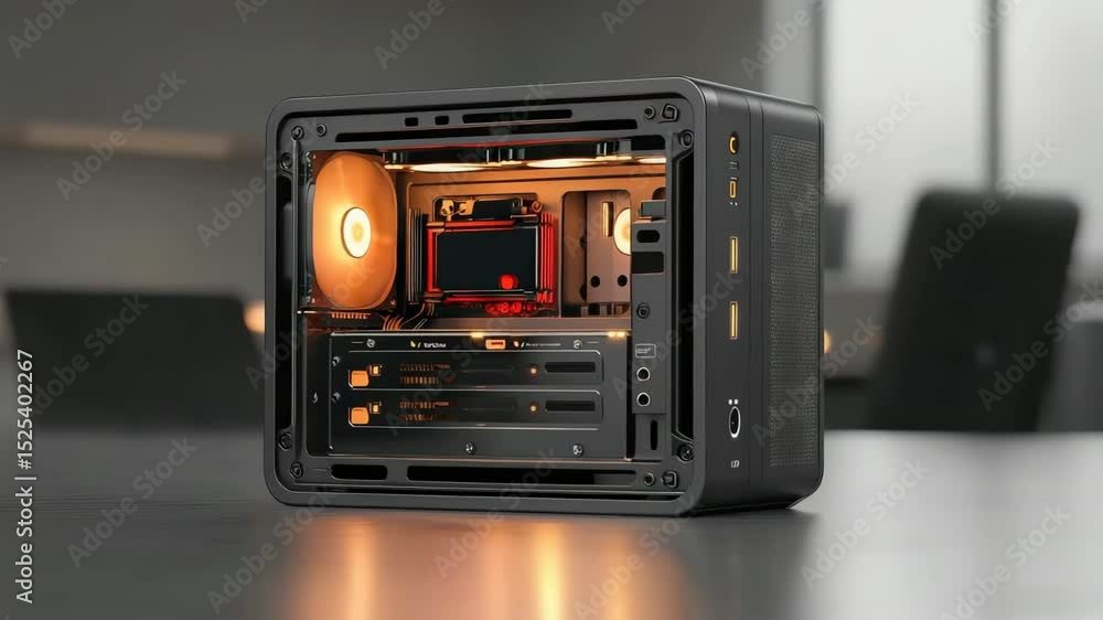 Poster a modern, compact desktop pc with illuminated internal components and a visible cooling fan placed o