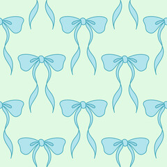 Seamless pattern with blue bows on pastel green background. Vintage ribbons wallpaper with repeat design.