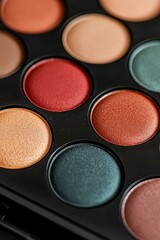 eyeshadow palette Colorful makeup palette featuring a variety of shades and textures for cosmetics application.