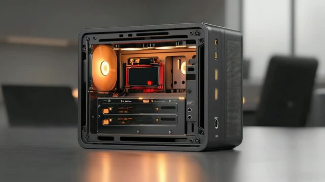 A modern, compact desktop PC with illuminated internal components and a visible cooling fan placed on a sleek desk.