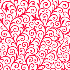 Intricate floral pattern, red and white, swirling vines