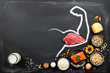 Assorted protein foods like meat, fish, eggs, milk, cheese, seeds and legumes arranged around chalk-drawn muscle arm on dark background, symbolizing fitness. Ai generative