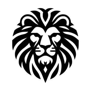 Lion head logo, stylized, black and white, minimalist design