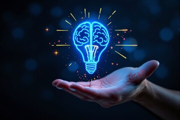 Neon brain in lightbulb shape floats above hand, glowing with sparks and rays, digital style on a dark bokeh background, concept of creativity and ideas, Ai generative